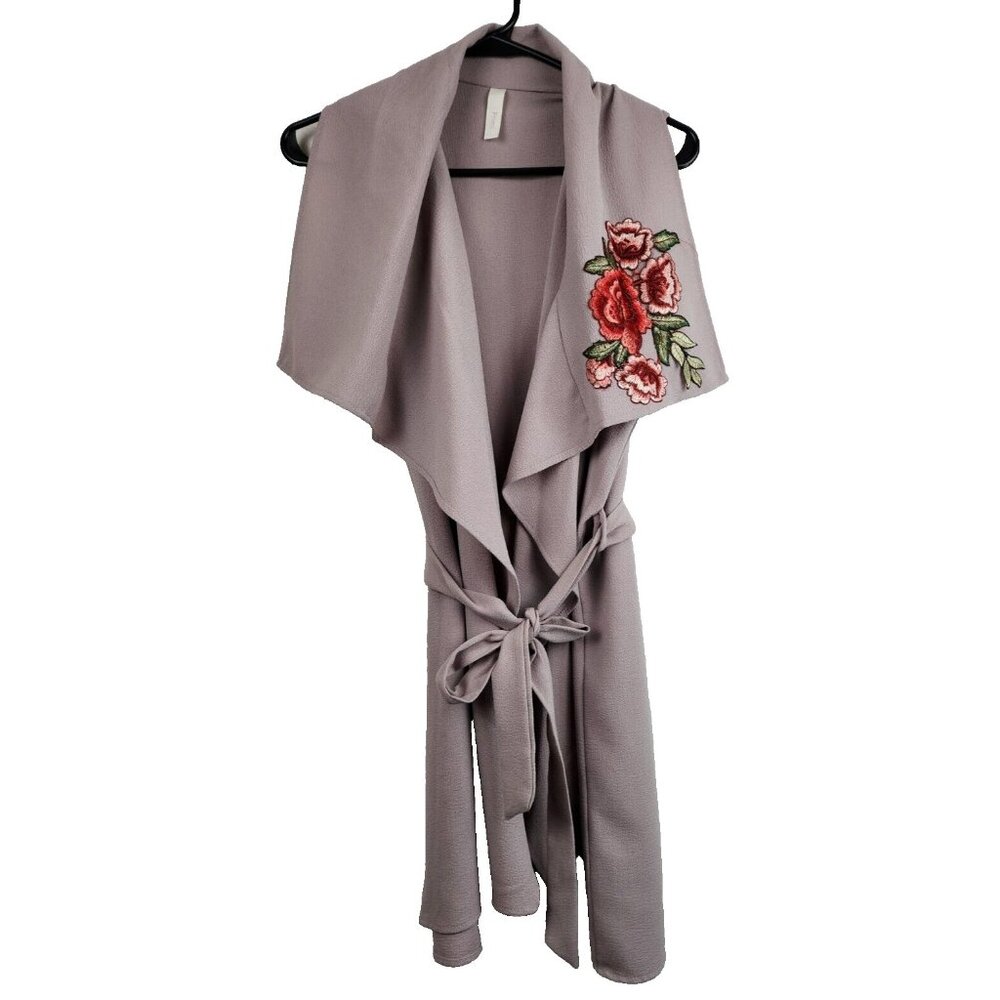 Primi Womens BOHO Vest Medium Beige Draped Floral Embroidery Belted Long line‎